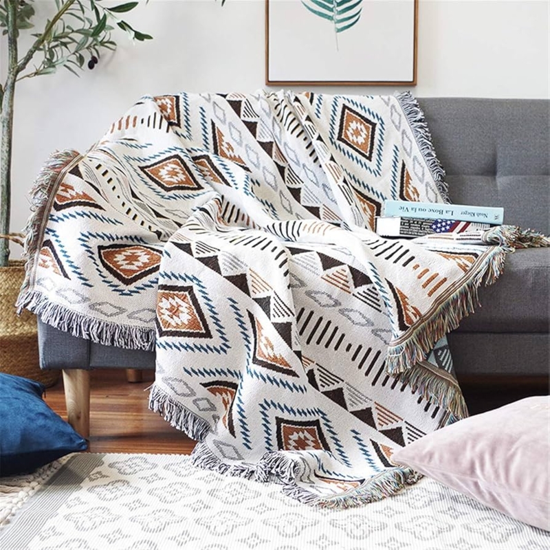 Throw Blanket Boho Geometric Weave with Tassels Khaki White