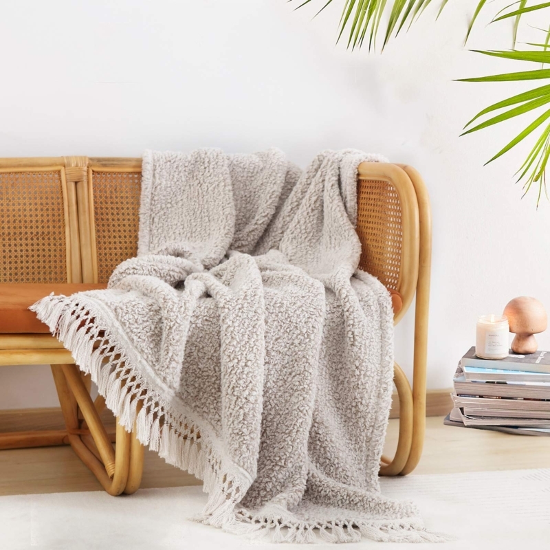 Throw Blanket Boho Ombre Chevron with Tassels, Cozy Sherpa Lined