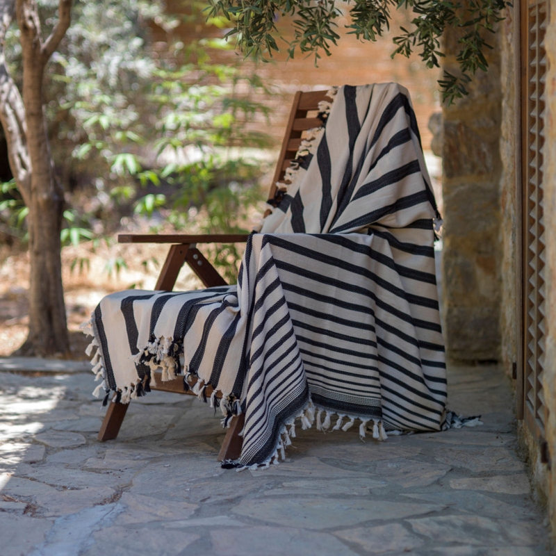 Throw Blanket Bold Black Stripes Twisted Fringe, Striped Turkish Cotton