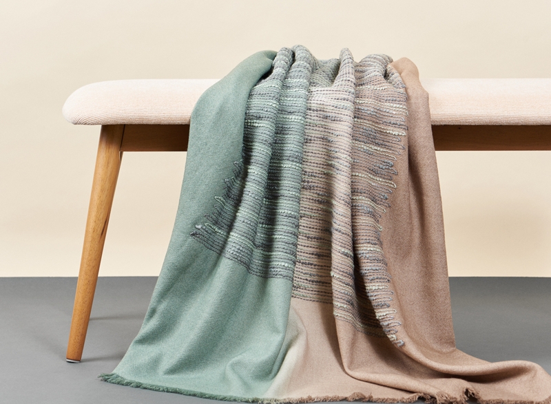 Throw Blanket, Bold Geometric Pattern. Cream Red Woven Fabric, Fringed Edges.