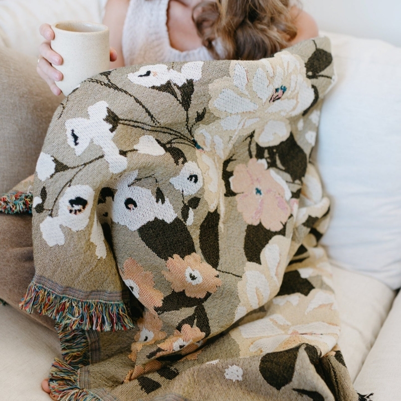Throw Blanket, Botanical Jacquard Pattern with Fringe. Cottagecore Style.