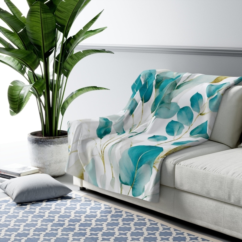 Throw Blanket, Botanical Leaf Print, Aqua and Teal, Boho Room Accents