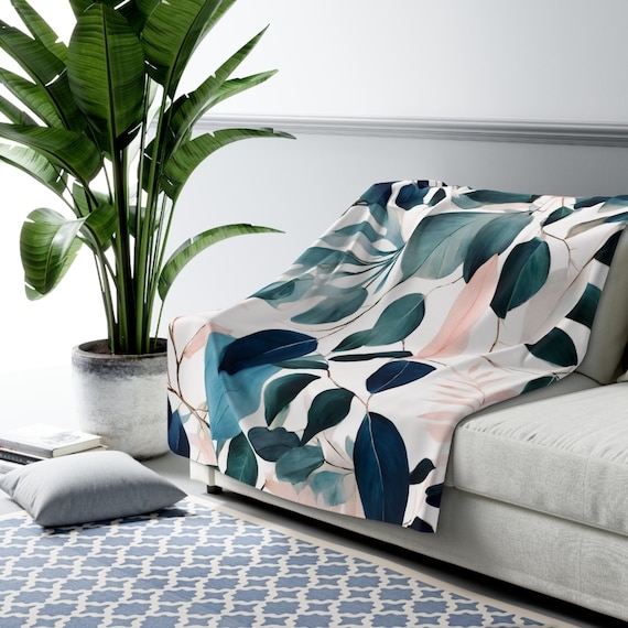 Throw Blanket, Botanical Leaf Print with Fringe, Navy and Blush, Boho Decor