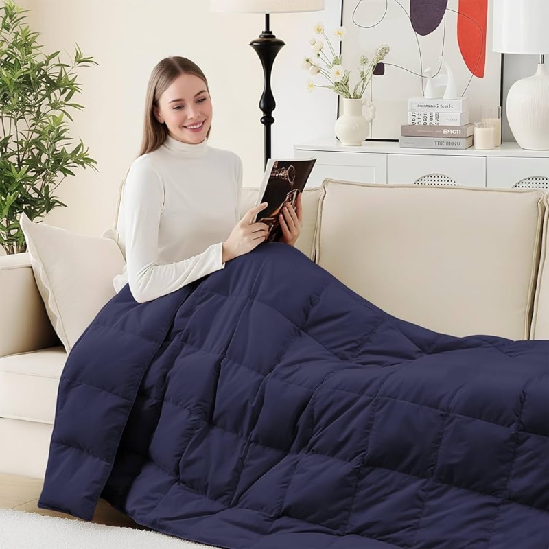 Throw Blanket Box Stitch Quilting Navy Blue Lightweight Down-like Loft