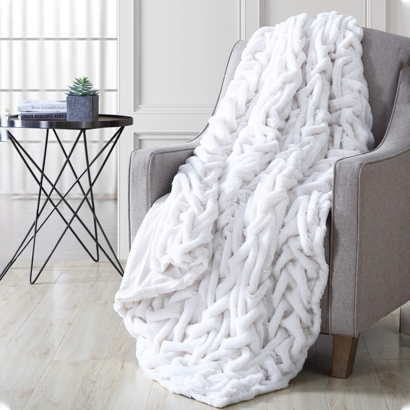 Throw Blanket, Braided Faux Fur Off-White. Reversible Flannel, Cozy Accents.
