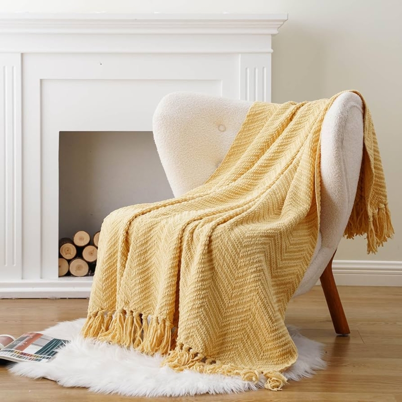 Throw Blanket, Braided Tassels, Diamond Knit, Mustard Yellow
