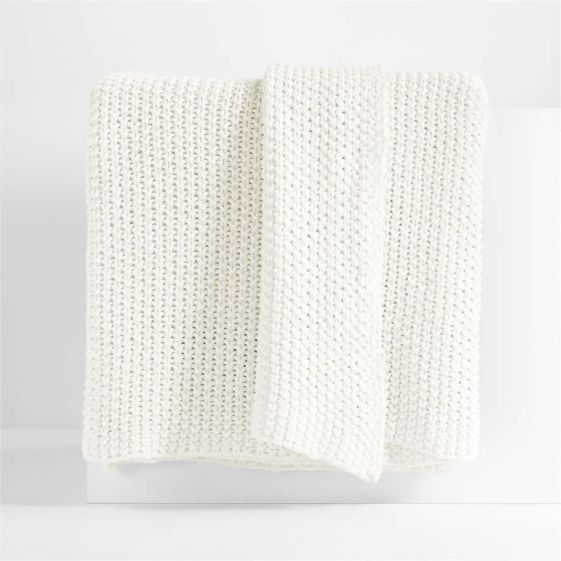 Throw Blanket Bright White Organic Cotton Hand Knit Braided Texture Decor