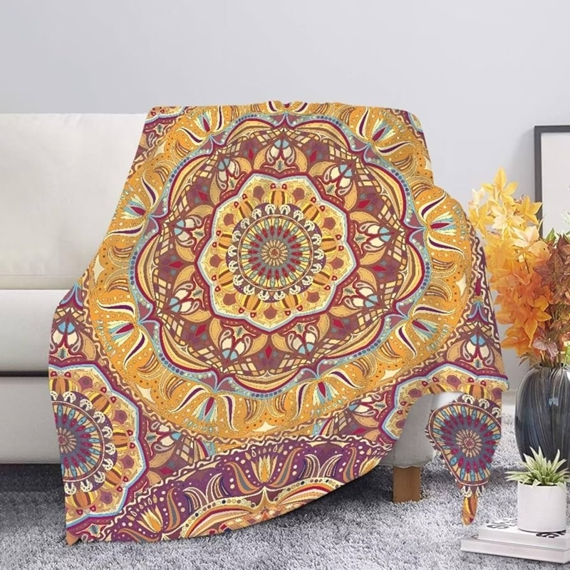 Throw Blanket Brown Mandala Pattern Fleece Texture Soft Pile Boho