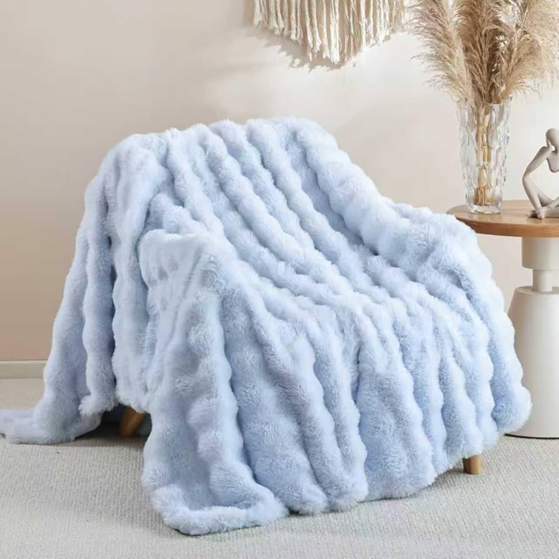 Throw Blanket, Bubble Texture, Aqua Blue Faux Fur Accent