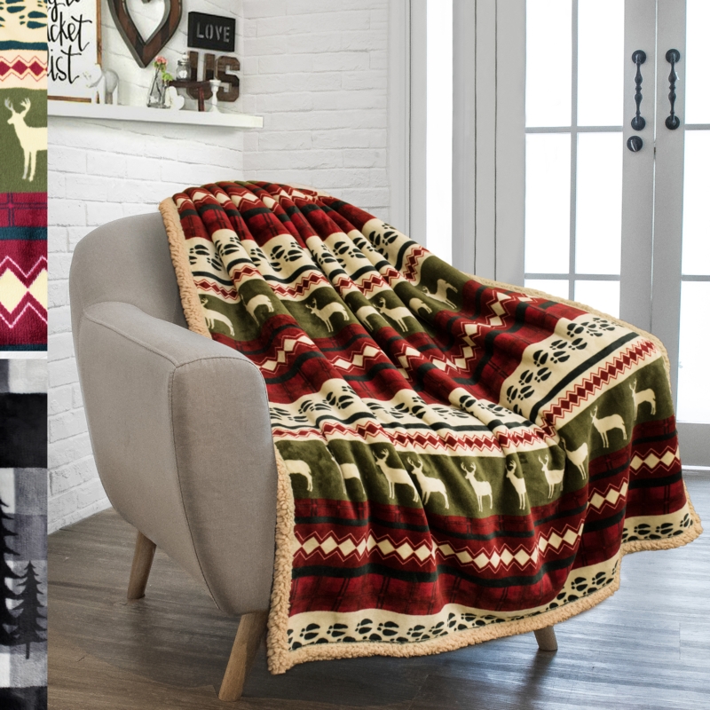 Throw Blanket Buffalo Plaid Pattern Sherpa Lined Holiday Decor