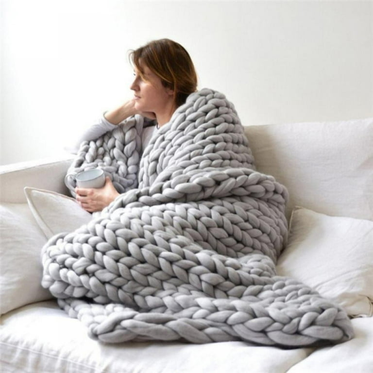 Throw Blanket Bulky Yarn Chunky Knit Braided Cream Scandi Boho