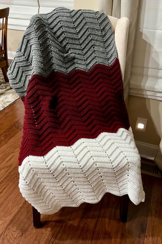 Throw Blanket: Burgundy and Gray Chevron Crochet Afghan with Scalloped Edge