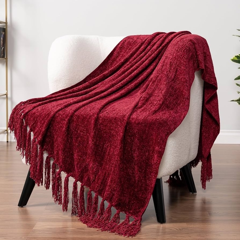 Throw Blanket, Burgundy Chenille Knit, Knotted Tassel Fringe
