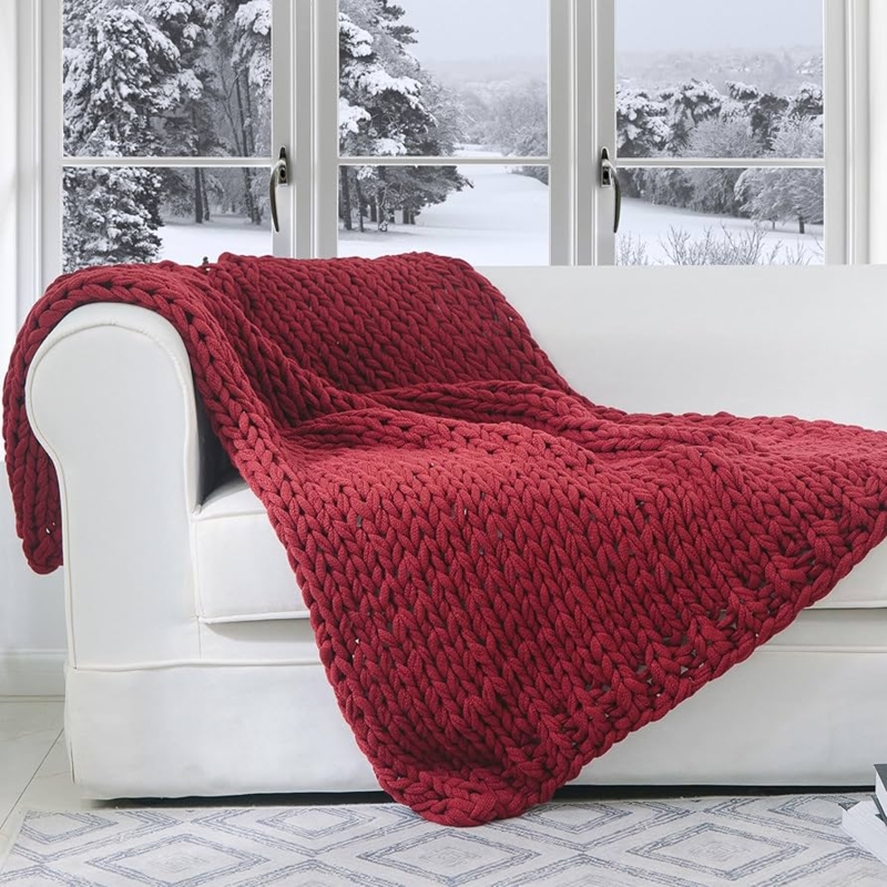 Throw Blanket Burgundy Chunky Knit Oversized Styling