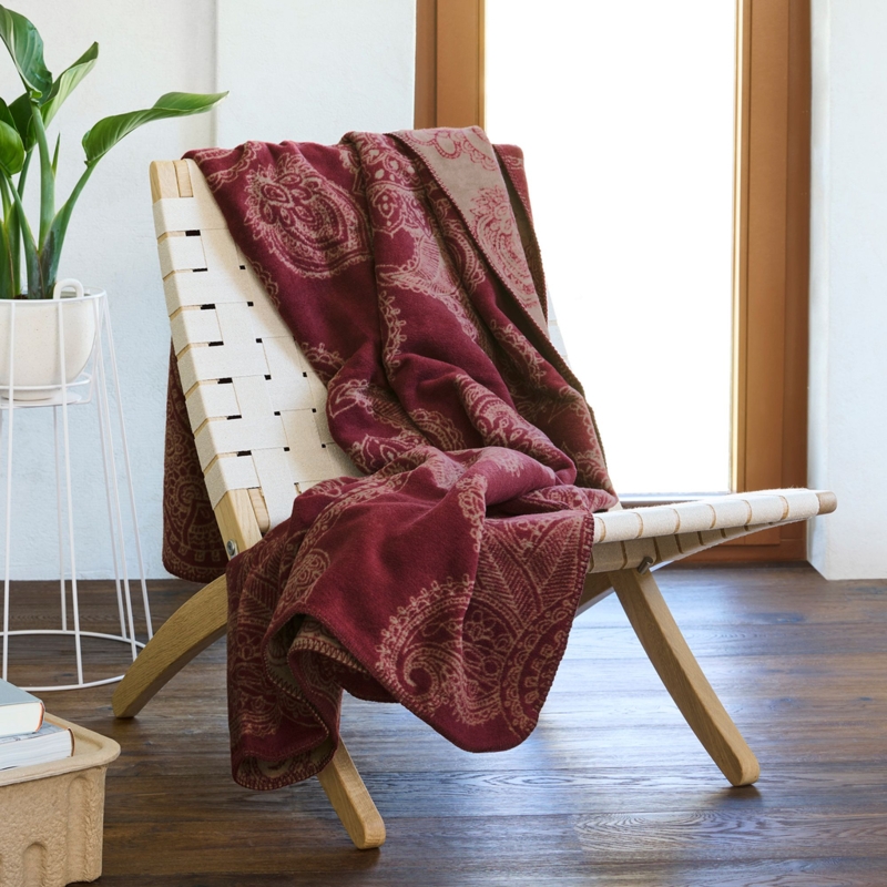 Throw Blanket Burgundy Paisley Woven Cotton Geometric Border Bohemian