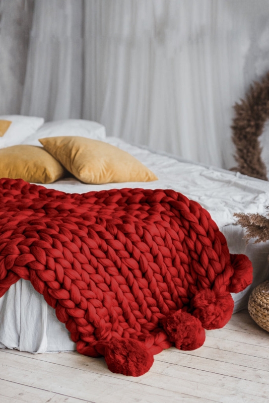 Throw Blanket Burgundy Red Large Pom Poms Decorative Fringe