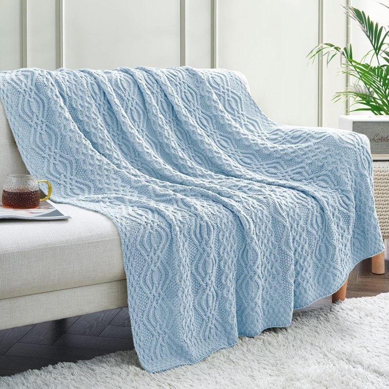 Throw Blanket, Cable Knit, Light Blue Sofa Styling