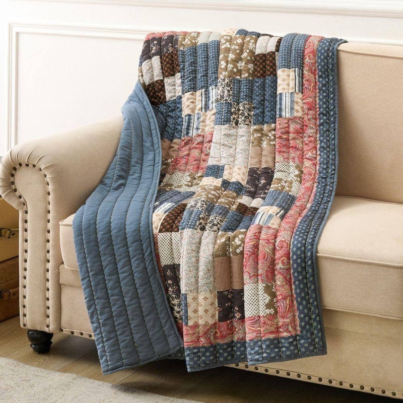 Throw Blanket Calico Floral Motifs Patchwork Cottagecore Quilted