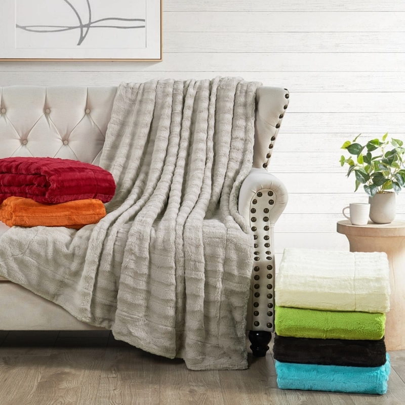 Throw Blanket Carved Diamond Pattern Shaggy Faux Fur Cream