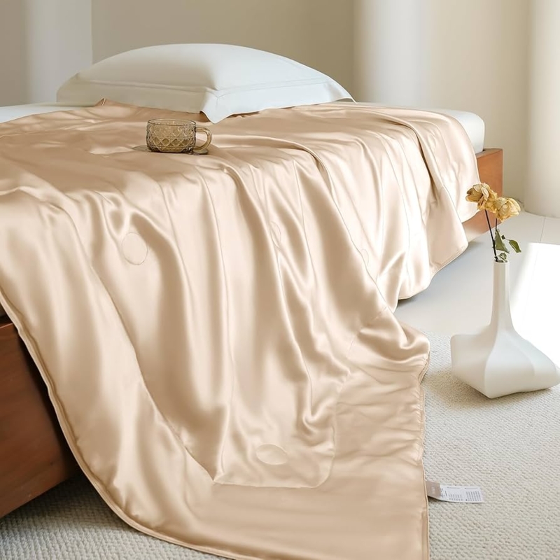 Throw Blanket Champagne Hue Silk Luster Bound Edges Minimalist