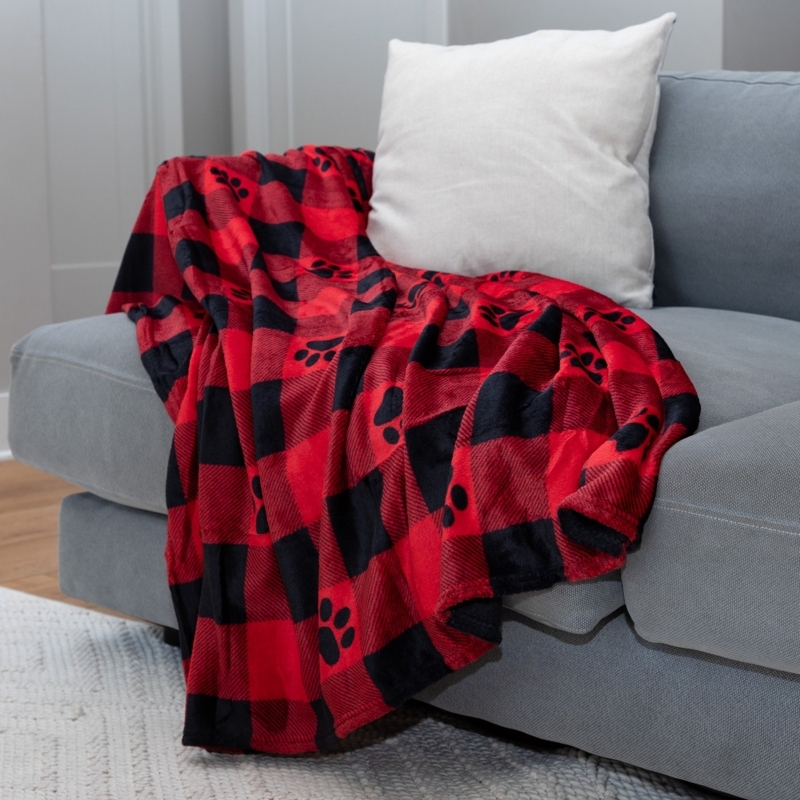 Throw Blanket, Charcoal Fleece with Large Paw Prints, Whimsical Cozy