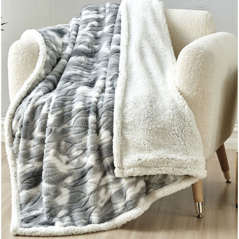 Throw Blanket Charcoal Gray Reversible Sherpa Fleece, Transitional Warm