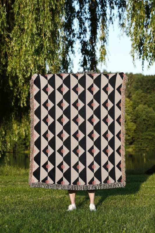 Throw Blanket Checkerboard Pattern Pink Black White Fringed