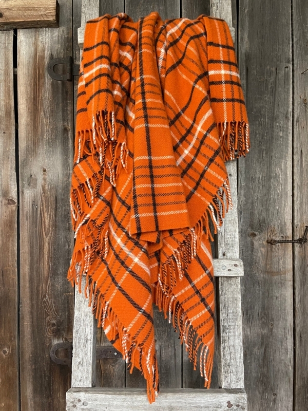 Throw Blanket Checkered Pattern Long Fringes Wool Like Vibrant Orange