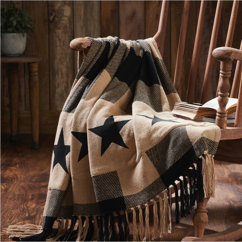 Throw Blanket Checkered Star Woven Black Cream Fringed Edges