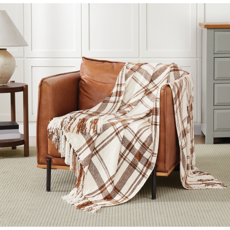 Throw Blanket Chenille Fabric Windowpane Plaid Navy White Modern