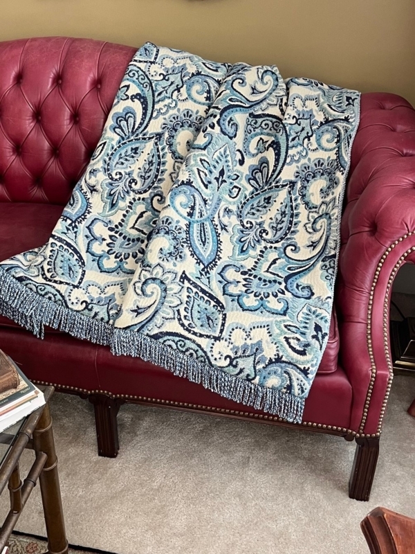 Throw Blanket Chenille Navy White Paisley Fringed Transitional