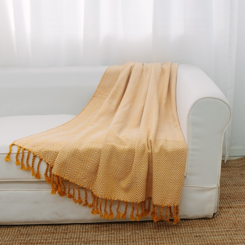 Throw Blanket, Chevron Pattern, Braided Fringe, Mustard Yellow