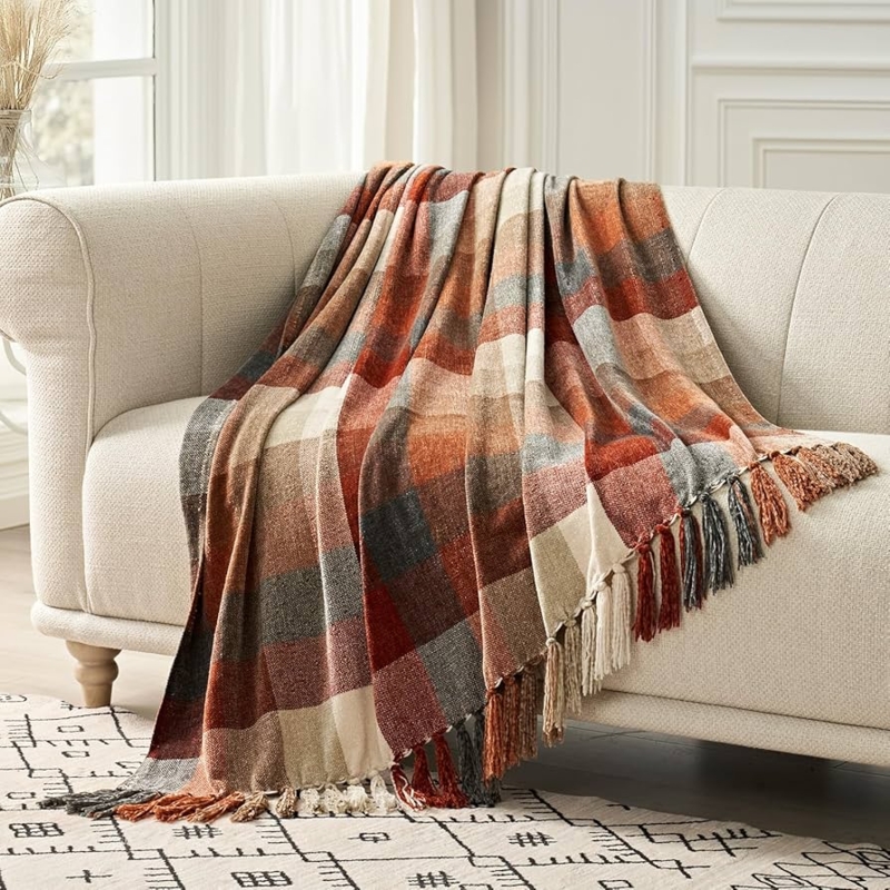 Throw Blanket Chunky Chenille Oversized Tassels Terracotta Plaid