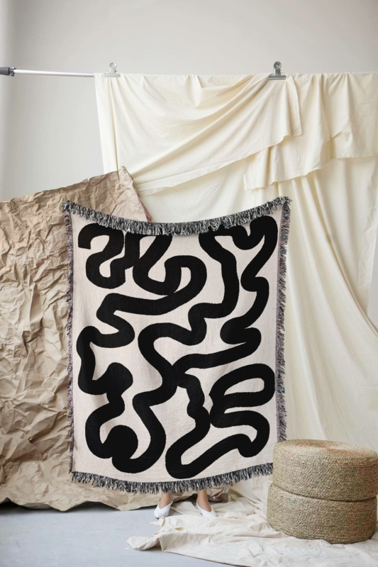 Throw Blanket Chunky Fringe Abstract Block Heavyweight Fringe Throw