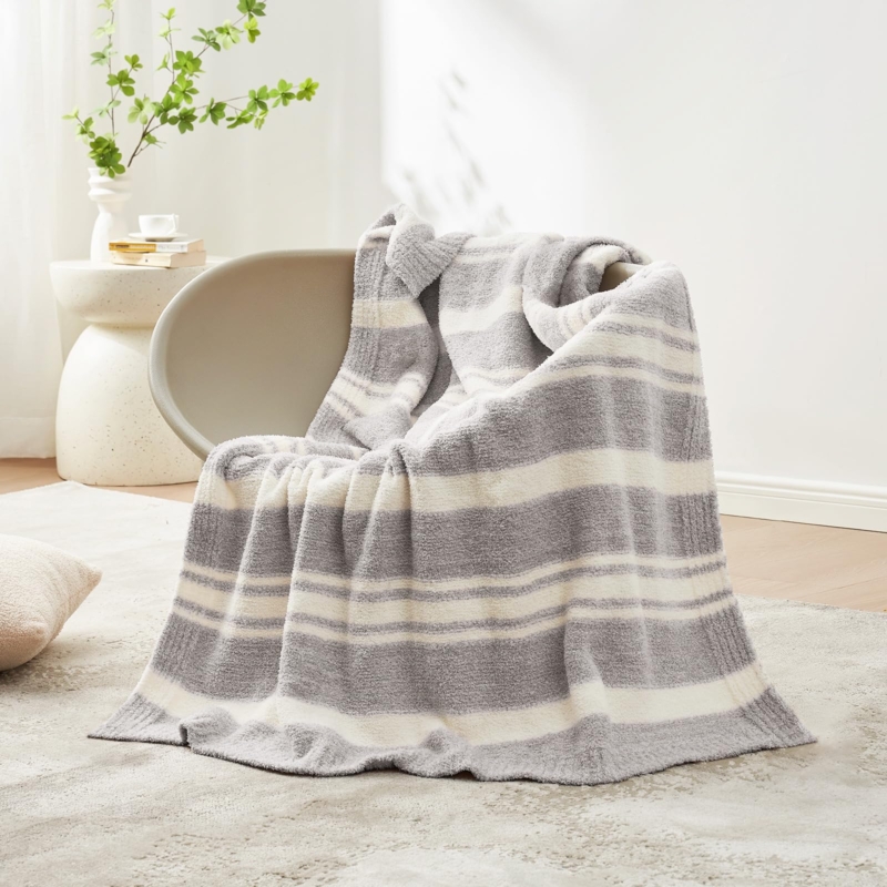 Throw Blanket Chunky Knit Grey Stripe, Neutral Living Room Textile Decor