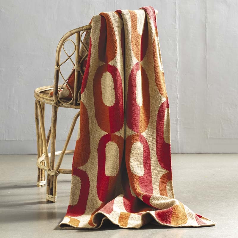 Throw Blanket, Chunky Knit Lava Orange. Fringed Ends, Mid-Century Modern.