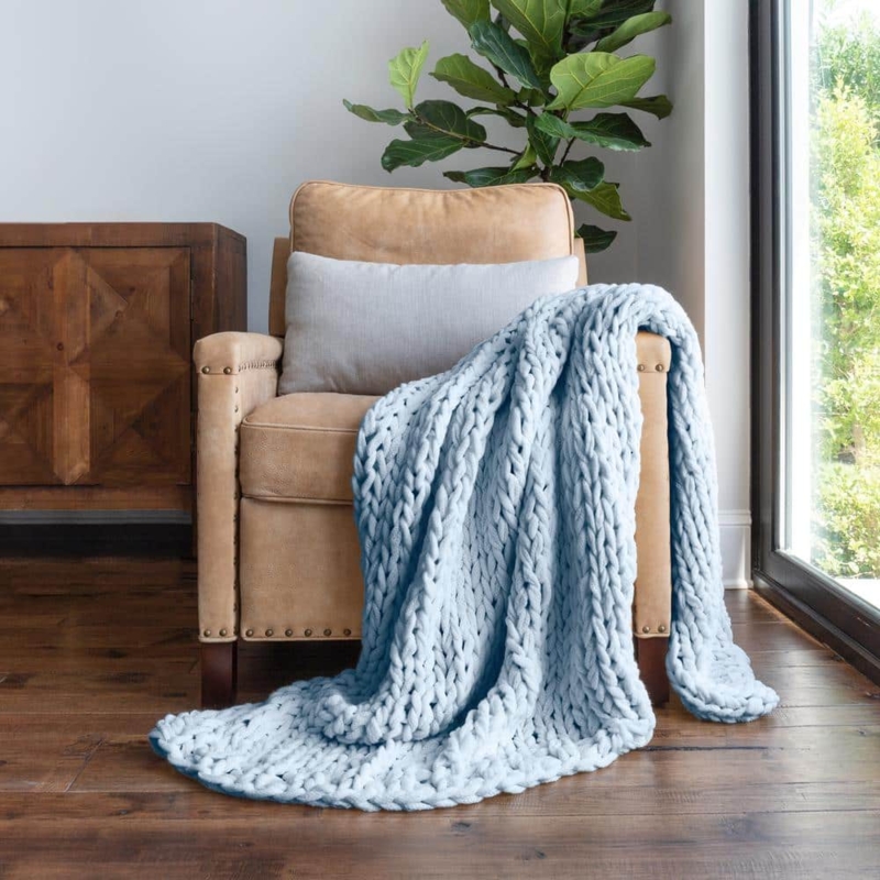 Throw Blanket, Chunky Knit, Light Blue, Cozy Bedroom Accent