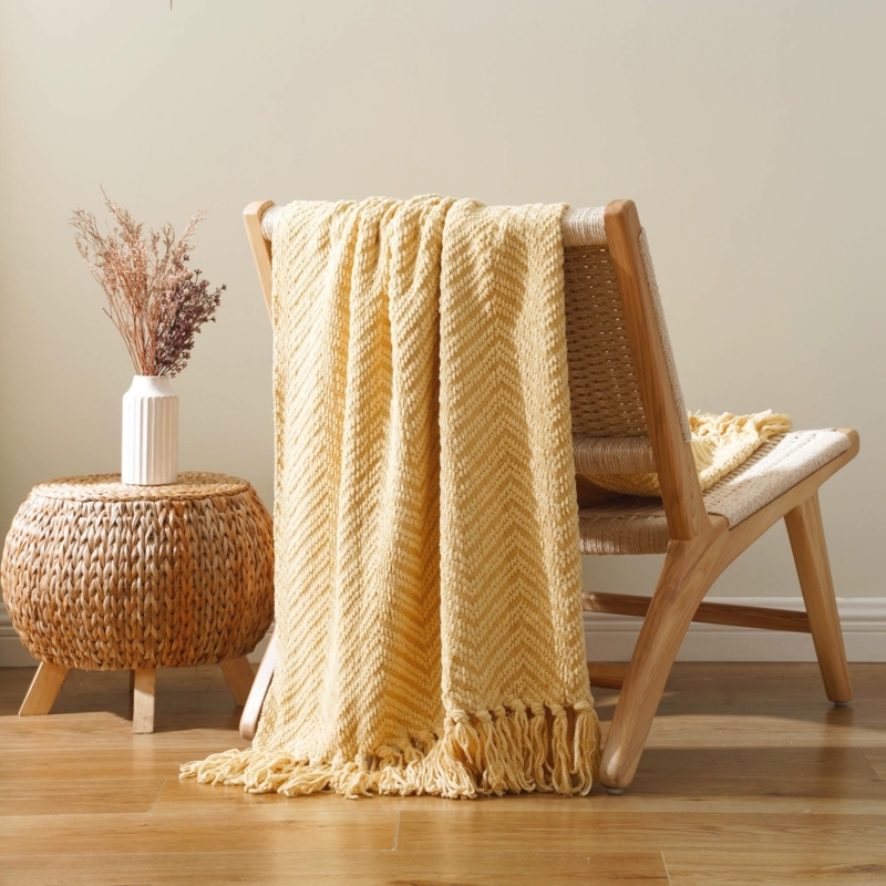 Throw Blanket, Chunky Knit, Tassel Fringe, Gold