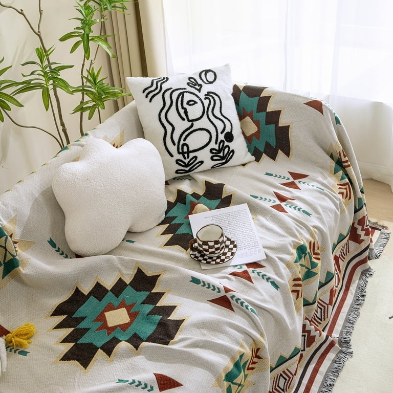 Throw Blanket Chunky Knit Tasseled Trim Tan Geometric