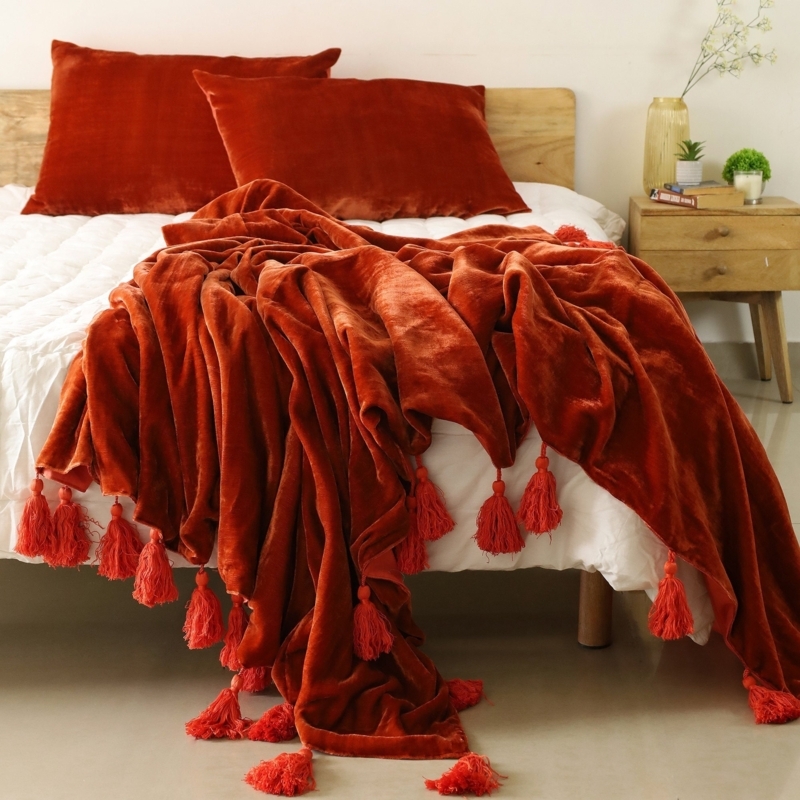 Throw Blanket Chunky Waffle Knit Fringe Detail Rust Orange Boho Style