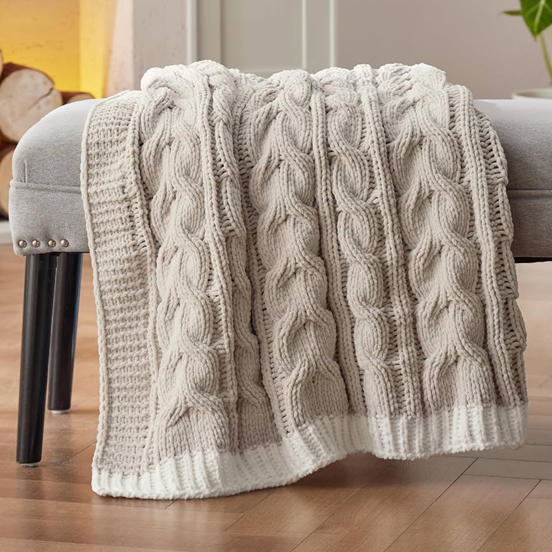 Throw Blanket Chunky Weave Beige Cable Knit Styling