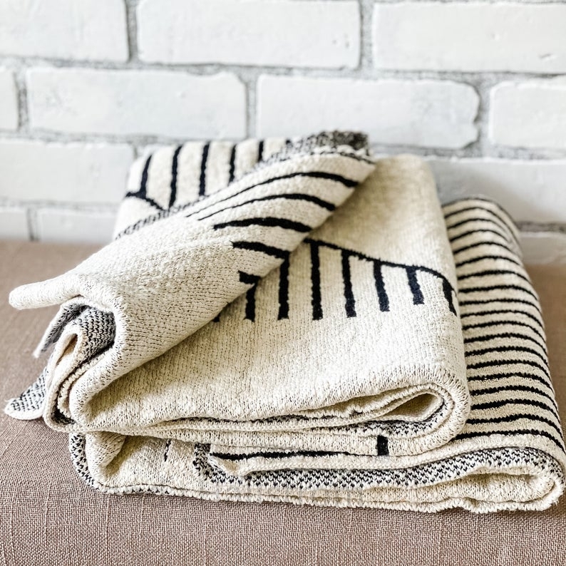 Throw Blanket, Chunky Weave Cream Cotton. Tasseled Fringe, Modern Farmhouse.