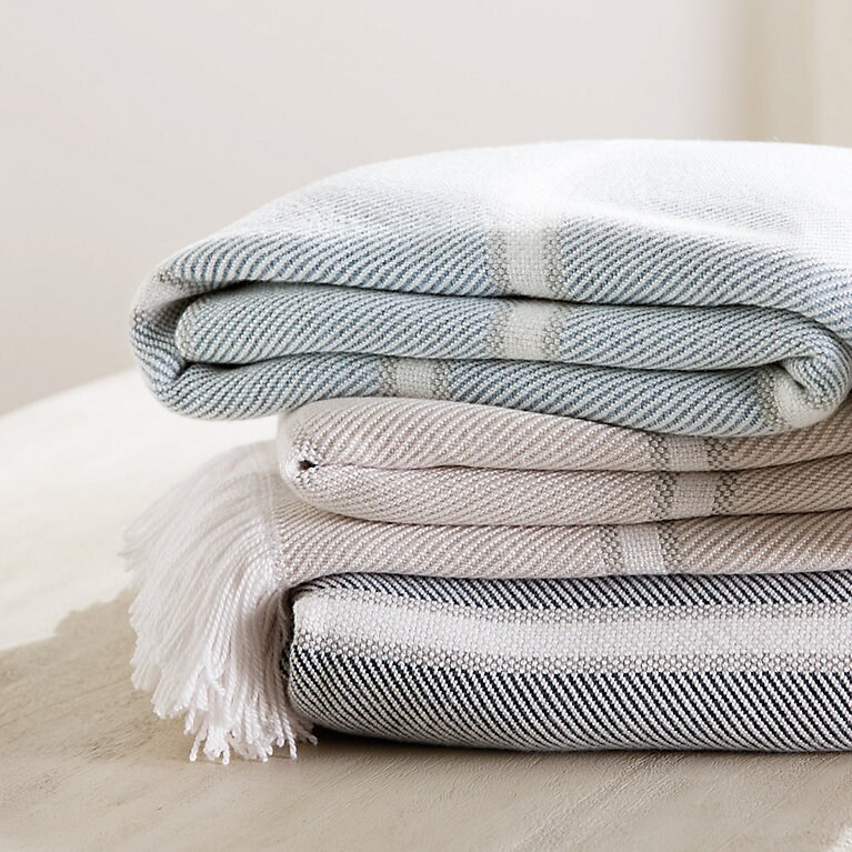 Throw Blanket: Coastal Striped Throw Blanket with Handwoven Look