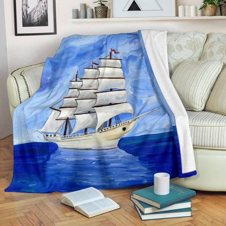 Throw Blanket, Compass Anchor Print Fleece, Traditional Maritime