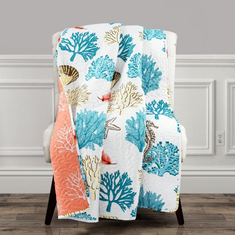 Throw Blanket Coral Reef Print Quilted Scalloped Edges Blue Coastal