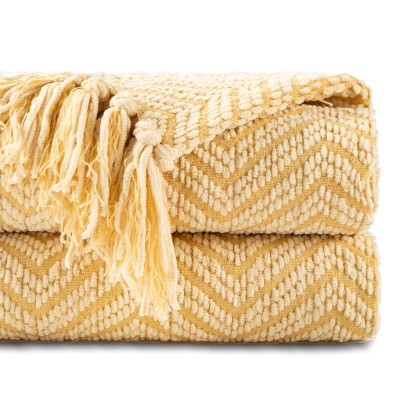 Throw Blanket, Corner Tassels, Oversized Diamond Knit, Mustard