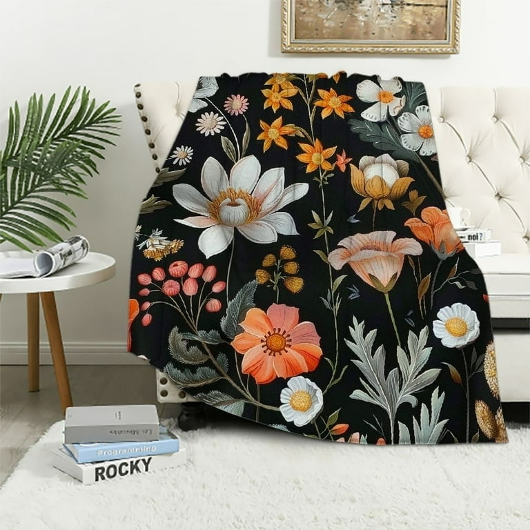 Throw Blanket Cottagecore Wildflower Pattern Fleece Like Fabric Cream