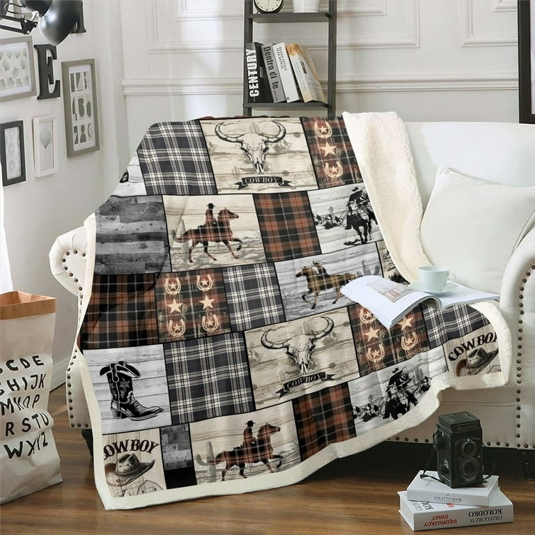 Throw Blanket Cowboy Motif Sherpa Backing Multi Panel Western Print