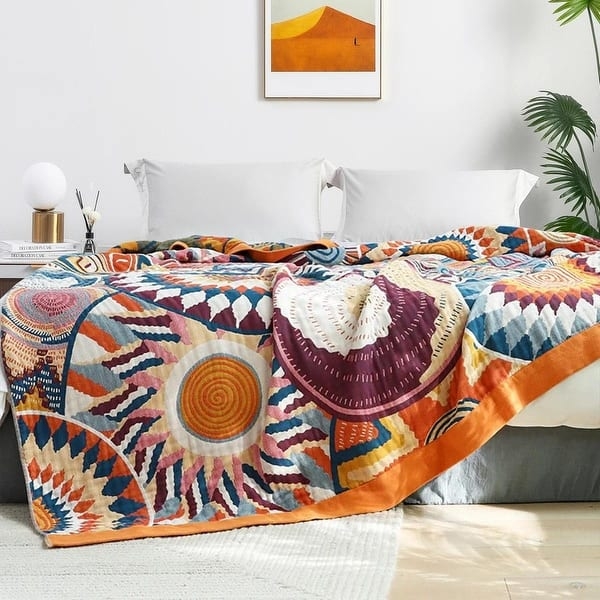 Throw Blanket | Cream and Blue Floral Jacquard | Boho Tassel Fringe Style