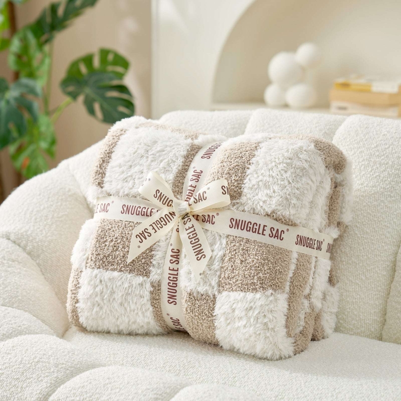 Throw Blanket Cream Beige Checkerboard High Pile Faux Fur Cozy Decor
